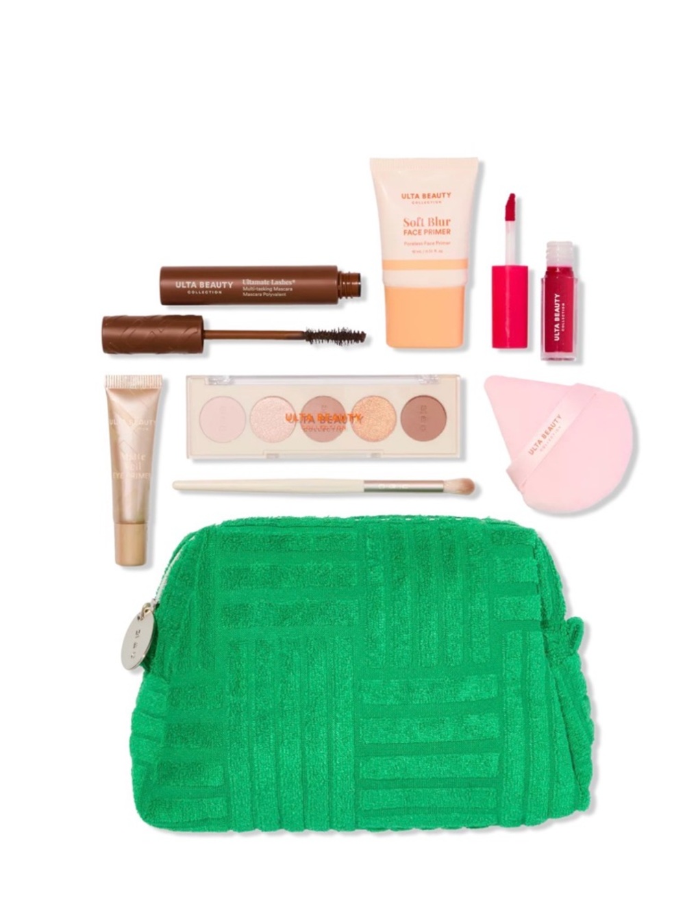 Ulta Beauty Green Makeup Pouch with Assorted Pink and Brown Cosmetics